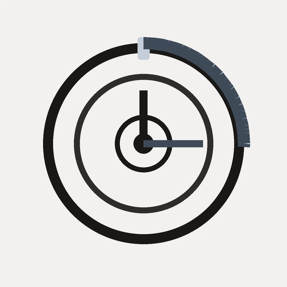 Abstract world clock dial with concentric zone rings and an umber arc on ash paper.